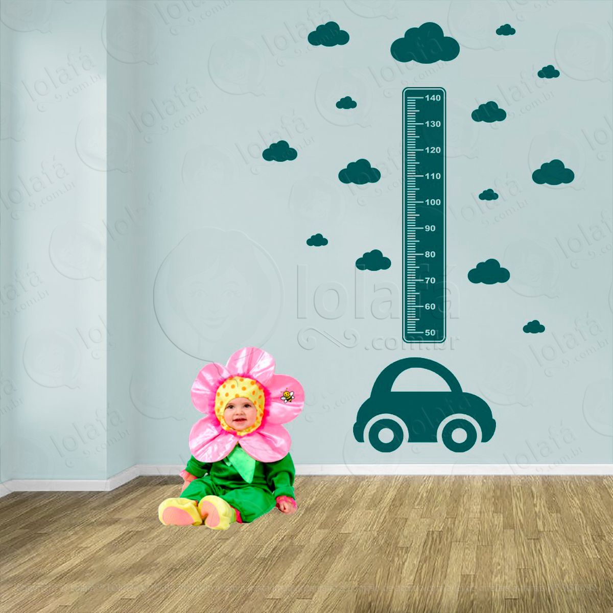 carro e nuvens adesivo régua de crescimento infantil, medidor de altura para quarto, porta e parede - mod:1436