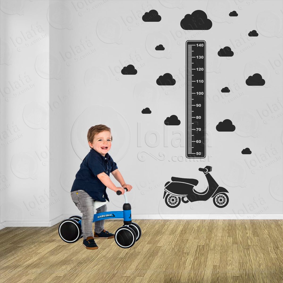moto e nuvens adesivo régua de crescimento infantil, medidor de altura para quarto, porta e parede - mod:1442