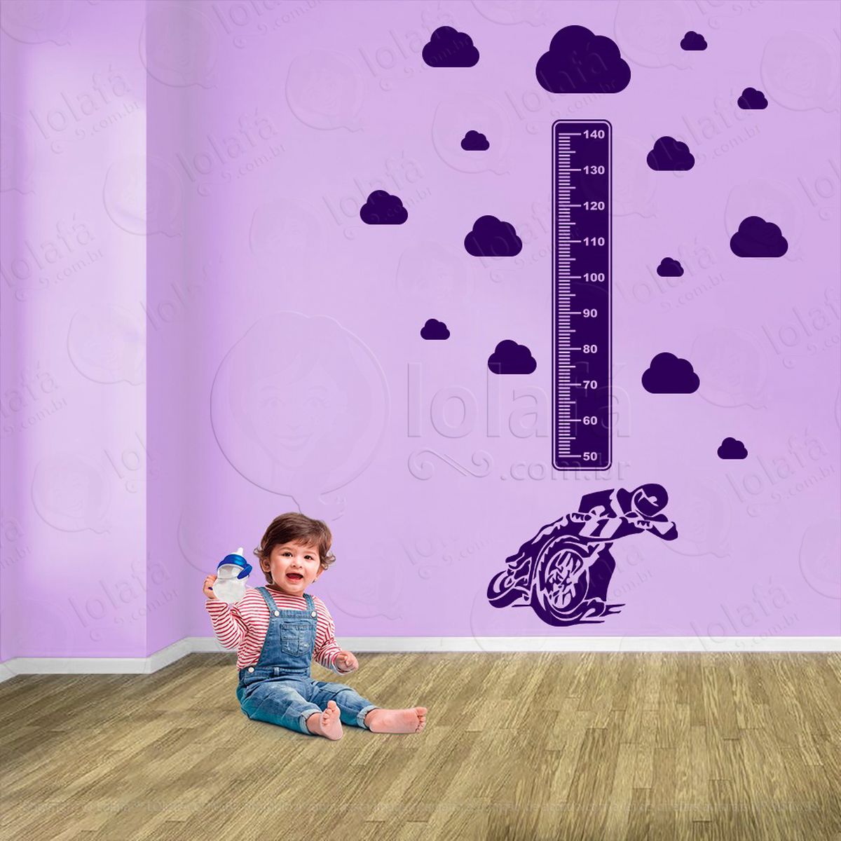 moto e nuvens adesivo régua de crescimento infantil, medidor de altura para quarto, porta e parede - mod:1445