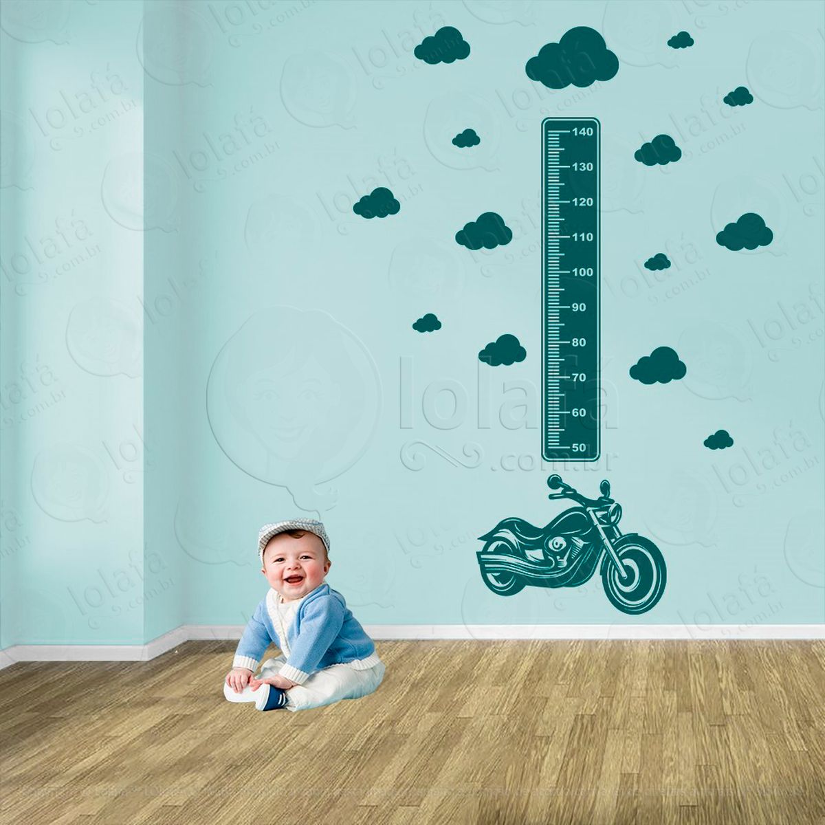 moto e nuvens adesivo régua de crescimento infantil, medidor de altura para quarto, porta e parede - mod:1448