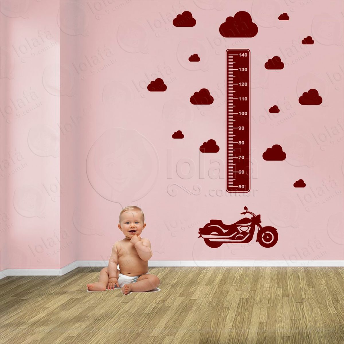 moto e nuvens adesivo régua de crescimento infantil, medidor de altura para quarto, porta e parede - mod:1451