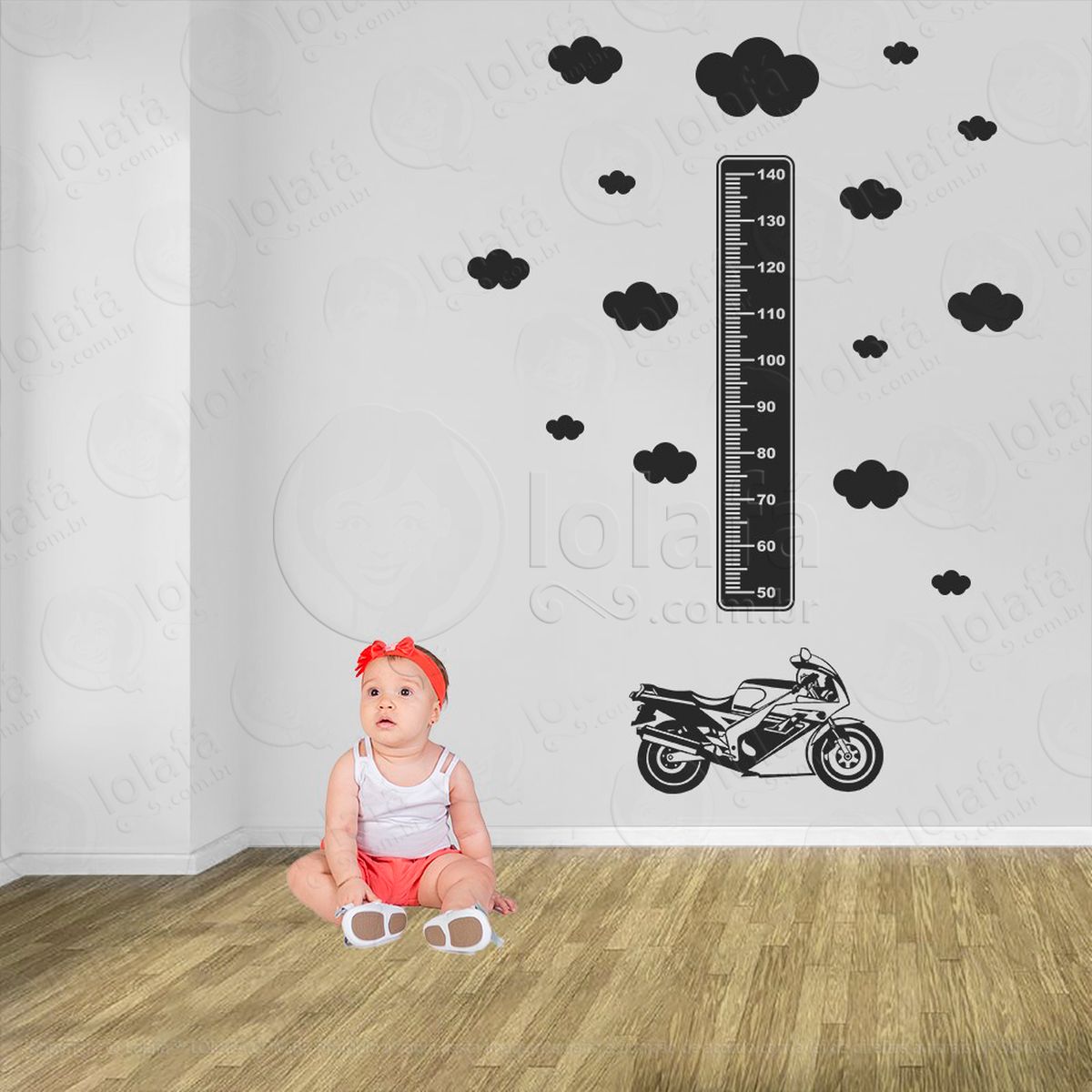 moto e nuvens adesivo régua de crescimento infantil, medidor de altura para quarto, porta e parede - mod:1457