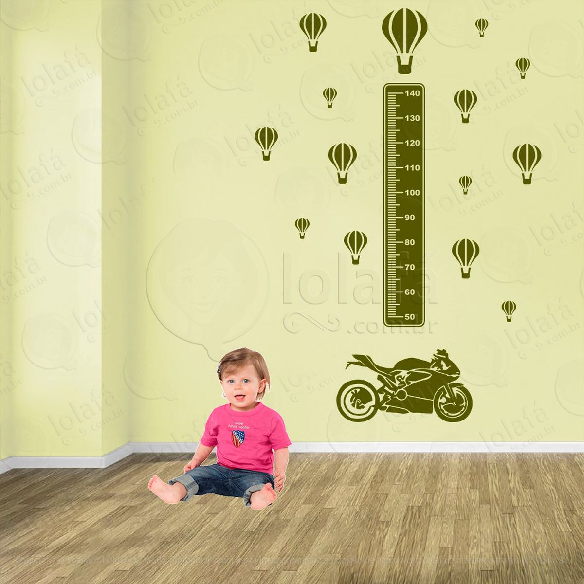 moto e balões adesivo régua de crescimento infantil, medidor de altura para quarto, porta e parede - mod:1458