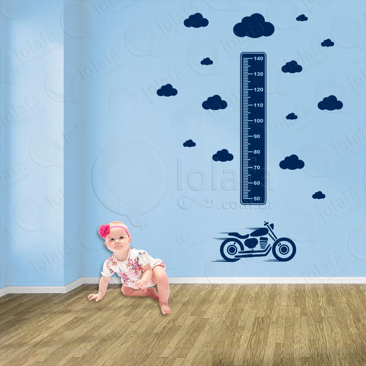 moto e nuvens adesivo régua de crescimento infantil, medidor de altura para quarto, porta e parede - mod:1460
