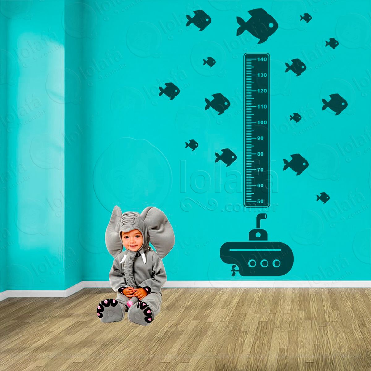 submarino e peixes adesivo régua de crescimento infantil, medidor de altura para quarto, porta e parede - mod:1464