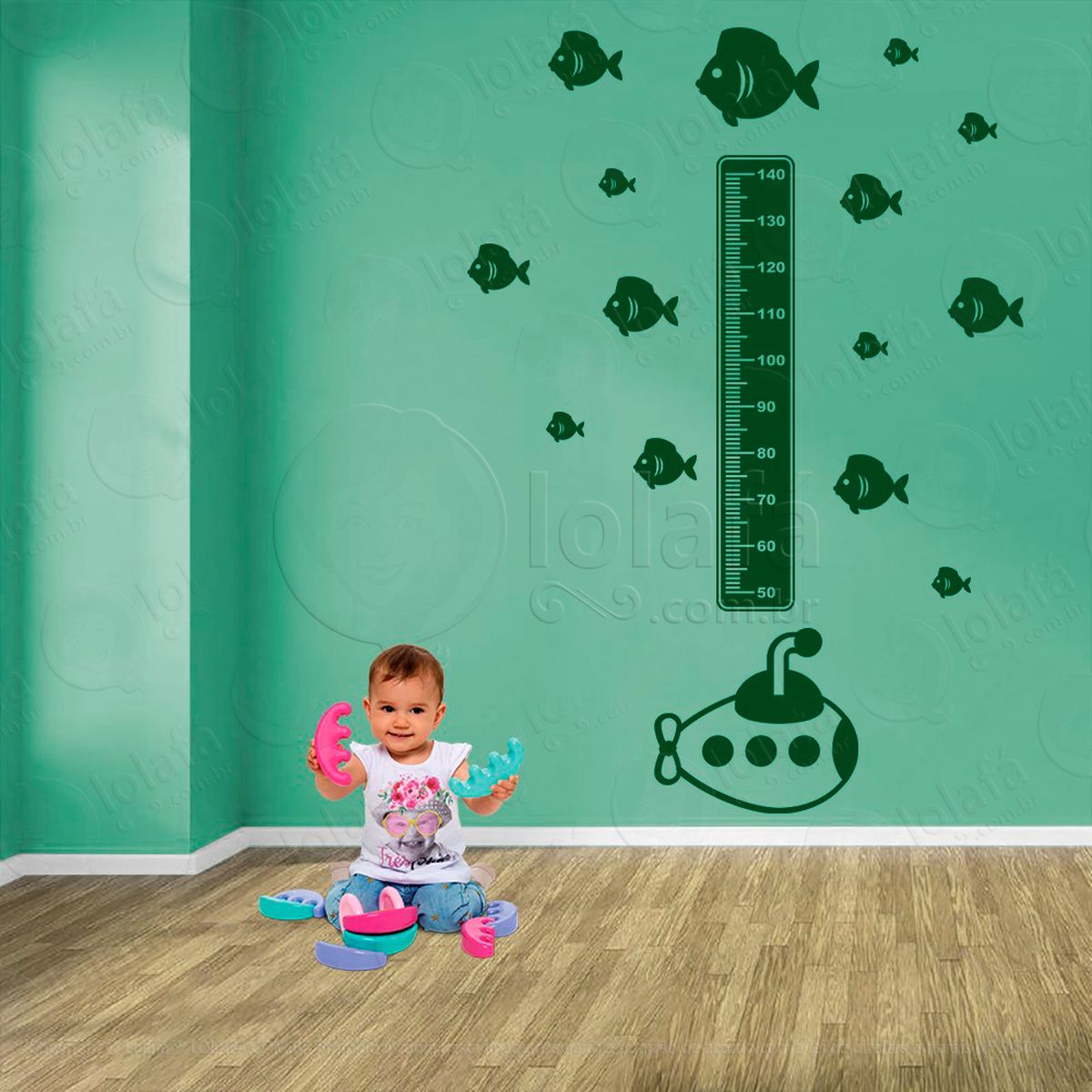 submarino e peixes adesivo régua de crescimento infantil, medidor de altura para quarto, porta e parede - mod:1467