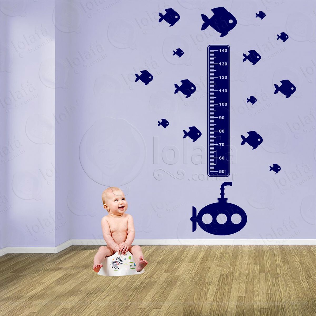 submarino e peixes adesivo régua de crescimento infantil, medidor de altura para quarto, porta e parede - mod:1473