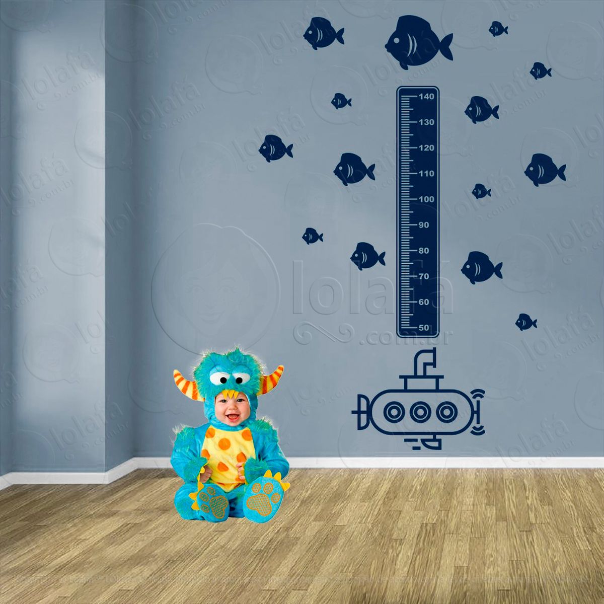 submarino e peixes adesivo régua de crescimento infantil, medidor de altura para quarto, porta e parede - mod:1479