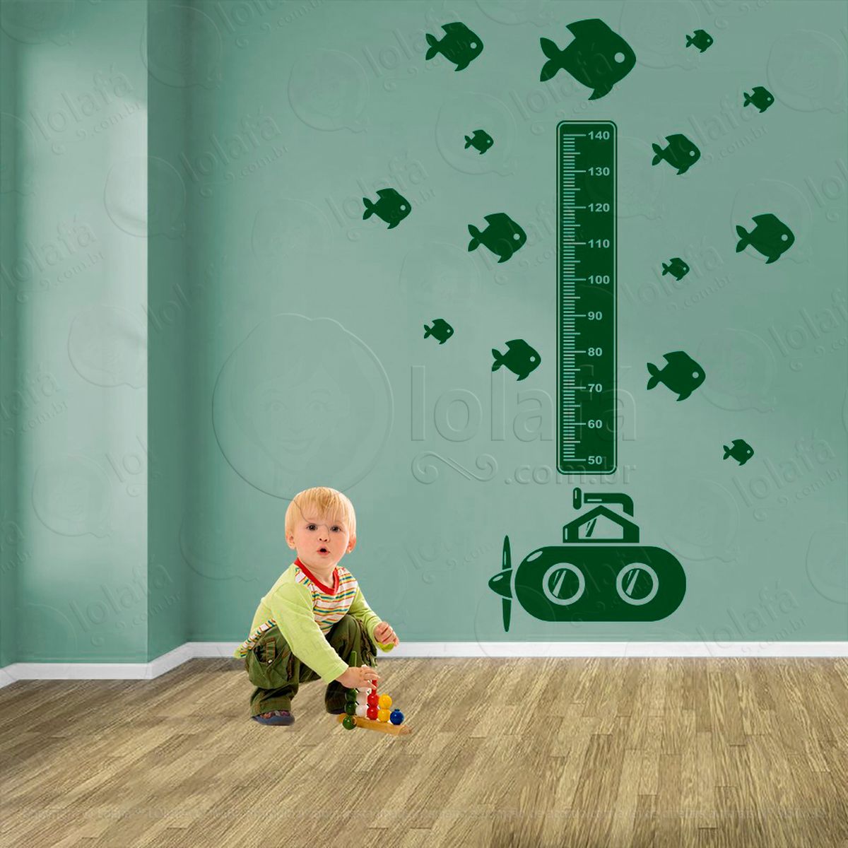 submarino e peixes adesivo régua de crescimento infantil, medidor de altura para quarto, porta e parede - mod:1482